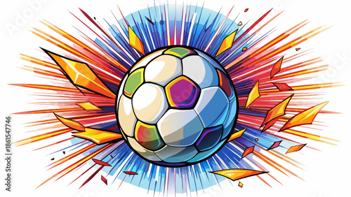 Very beautiful soccer ball bursting with colorful energy waves, exploding into vivid motion and light, expressing excitement, creativity, movement, and the joyful spirit of modern football design.