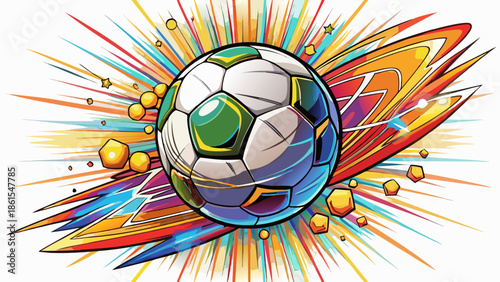 Very beautiful soccer ball bursting with colorful energy waves, exploding into vivid motion and light, expressing excitement, creativity, movement, and the joyful spirit of modern football design.