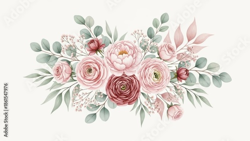 Elegant blush pink watercolor floral bouquet arrangement with ranunculus and eucalyptus leaves perfect for wedding invitations or greeting cards