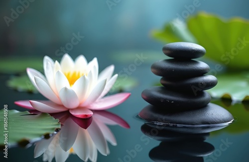 Zen garden arrangement with white lotus flower blooming in water. Stacked black stones represent balance. Green lily pads float nearby, creating tranquil spa scene.