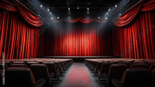 Empty theater auditorium with red seats and illuminated stage curtain before live performance.
