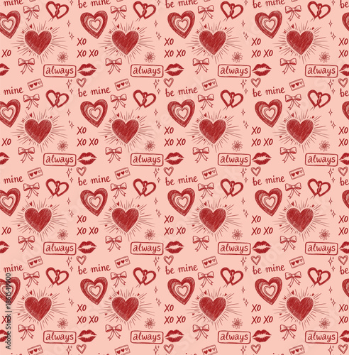 Valentine's day pattern with hearts and lips