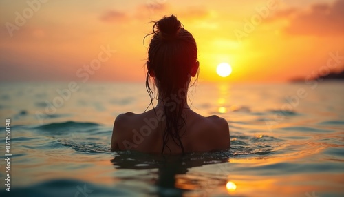 Woman swims in ocean during sunset. Golden sun sets over calm sea creating orange sky. Peaceful female enjoys evening water, freedom.