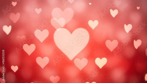 Abstract red background with numerous soft glowing heart shaped bokeh lights perfect for romance celebration and valentines day greeting cards