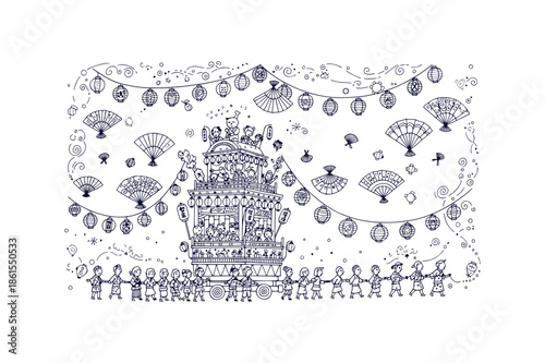 Traditional Japanese Festival Parade Float Hand-Drawn Doodle Style Vector Line Art Design