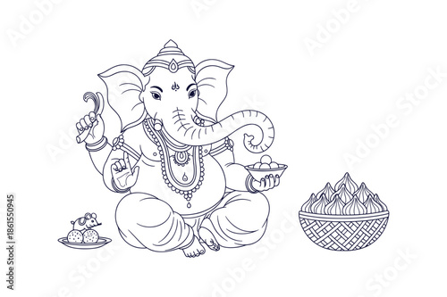Detailed Hindu God Ganesha Outline Art Vector Illustration for Indian Religious Worship Design