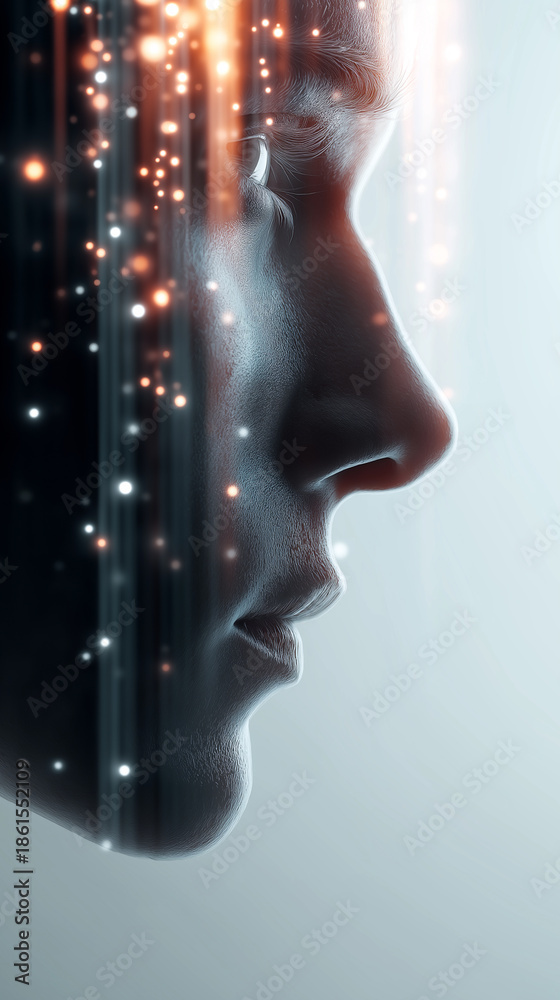 Obraz premium Futuristic human face with digital interface elements symbolizing artificial intelligence. 