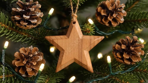Wooden star ornament on evergreen branches with pine cones