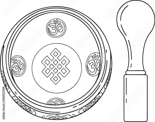 Intricate symbolic drum with beater isolated on white background