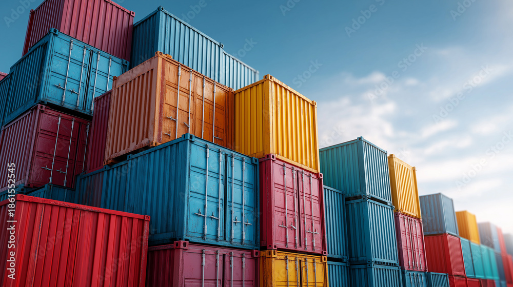 Fototapeta premium Stacked colorful shipping containers at cargo terminal under clear sky. 