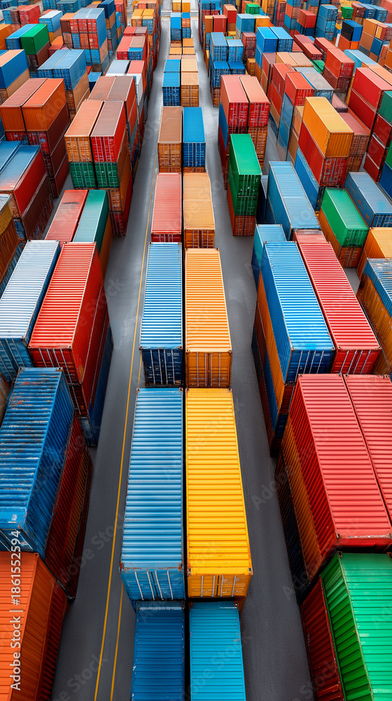 Fototapeta premium Stacked colorful shipping containers at cargo terminal under clear sky.