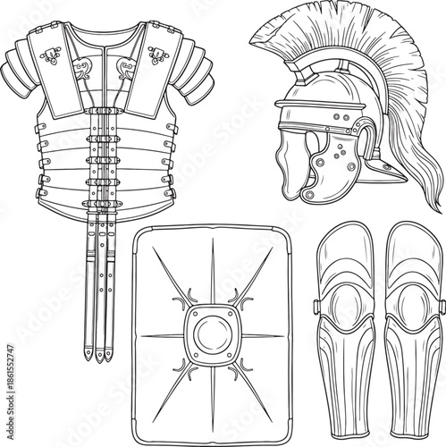 Roman soldier armor and equipment isolated on white background