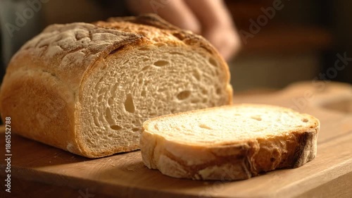 Freshly baked artisan bread on wooden surface