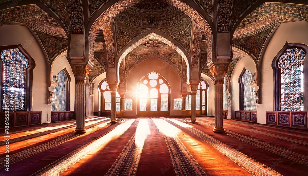 Obraz premium majestic interior of a grand mosque with sunlight streaming through ornate stained glass windows