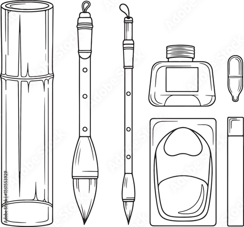 Traditional bamboo flute set isolated on white background