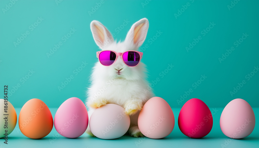 Fototapeta premium Cool bunny with sunglasses on colorful background