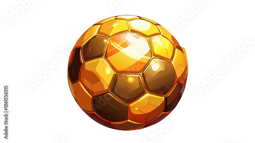 Very beautiful golden soccer ball sparkling with glitter under soft dramatic light, symbolizing victory, success, achievement, and prestige in an elegant and luxurious sports composition.