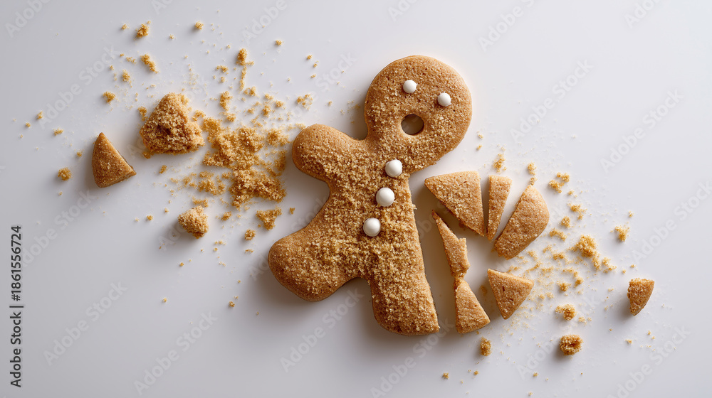 Fototapeta premium Broken gingerbread cookie shaped like a man symbolizing failure, loss or holiday mishap. 