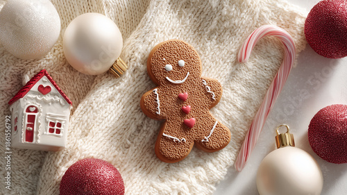 白木のテーブルに並ぶ赤白の飾りとジンジャーブレッドの冬素材、人物なし