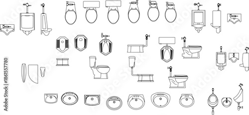 Comprehensive vector set of bathroom sanitary ware. Includes toilets, urinals, and sinks in minimalist line art for interior planning and design.