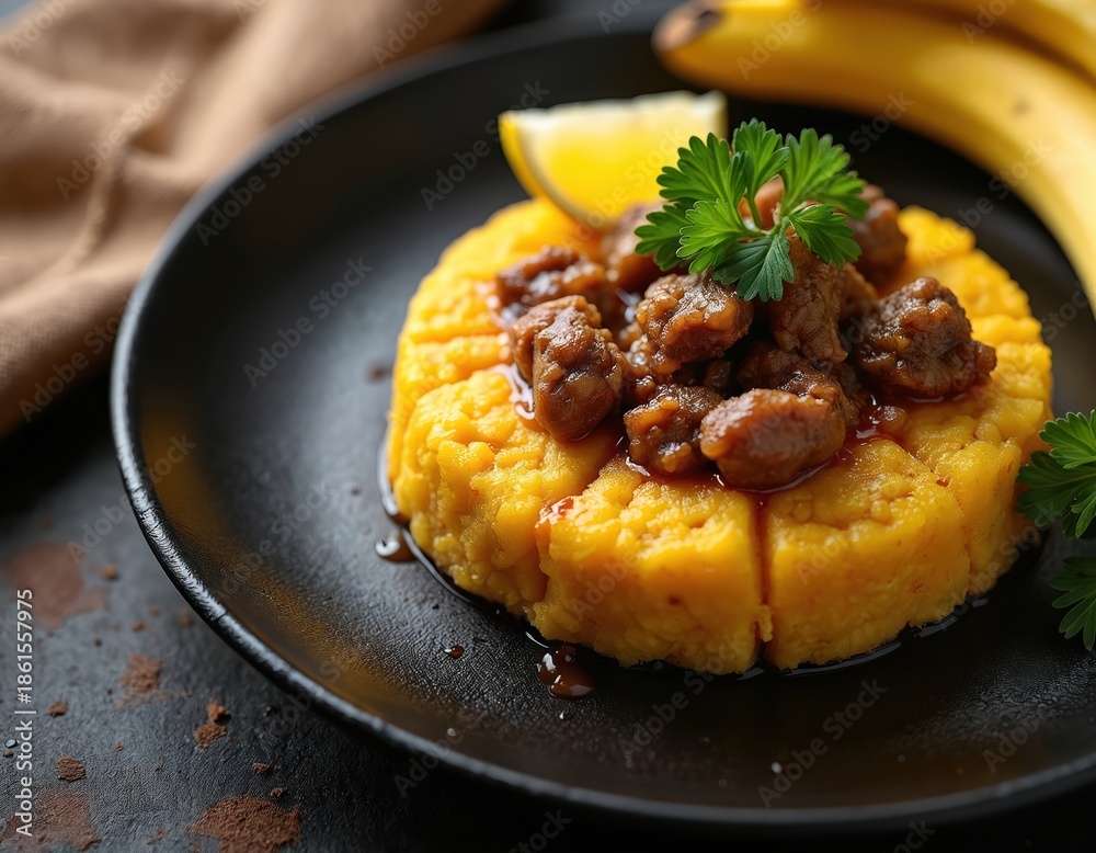Fototapeta premium Yellow mofongo dish made from mashed plantains, pork meat sits on black plate garnished with parsley, lemon slice. Two bananas rest in background on table. Traditional Puerto Rican food preparation.