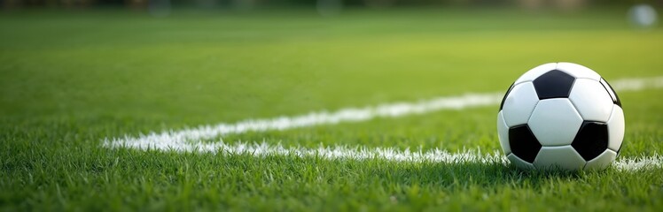 Classic soccer ball rests on green grass field near white line. Simple sport background for game promo or event announcement. Perfect for football graphics.