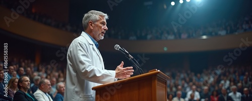 Doctor in white coat addresses crowd from podium with microphone at medical conference. Man gives presentation to attentive audience in auditorium hall. Healthcare professionals attend event.