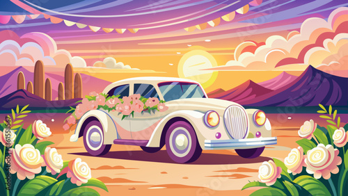 Romantic wedding car and beautiful white flowers on the car decorated with white ribbons with a beautiful view of the sunset to celebrate love and