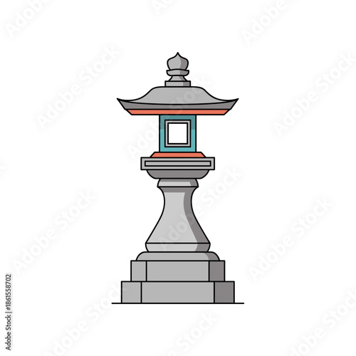 Traditional Japanese stone lantern icon in gray and red for cultural or garden design themes, isolated