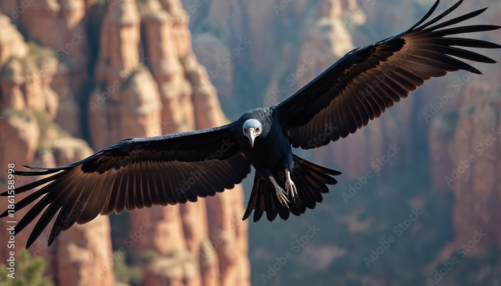 custom made wallpaper toronto digitalCalifornia condor flies above rugged canyon. Large bird glides with wings spread wide. Majestic wild animal soars in open sky over rocky landscape. Nature beauty shown in flight.
