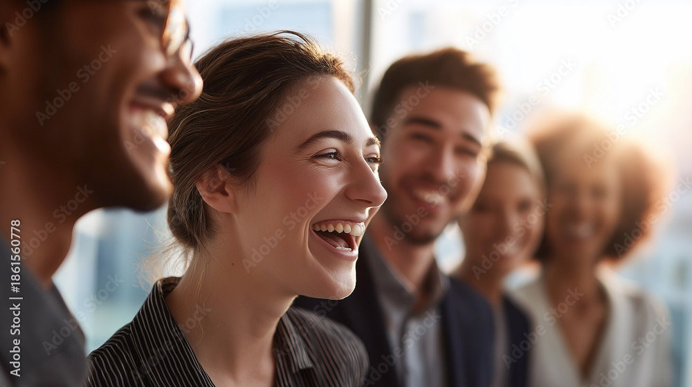 Obraz premium Group of smiling professionals laughing together represents teamwork, positivity, and modern workplace culture. 