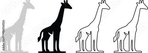 Four stylized giraffes, from silhouette to outline, showcasing different artistic representations