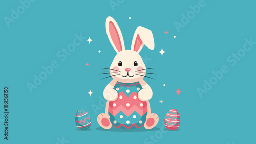 Easter Celebration, Cute Bunny, Festive Background, Illustration, Playful Atmosphere, Whimsical View, Joyful Concept