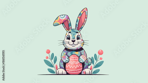Easter Celebration, Colorful Bunny, Spring Garden, Illustration, Cheerful Atmosphere, Close-Up, Fun Concept