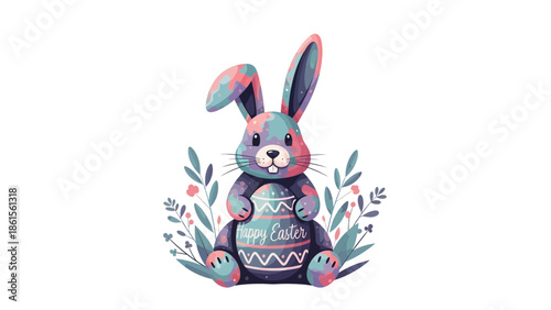 Colorful Easter Bunny Illustration Surrounded by Flowers for Spring Celebrations in a Whimsical Setting