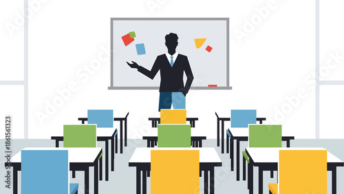 Teaching Action, Instructor, Classroom, Illustration, Educational Environment, Front View, Learning Concept