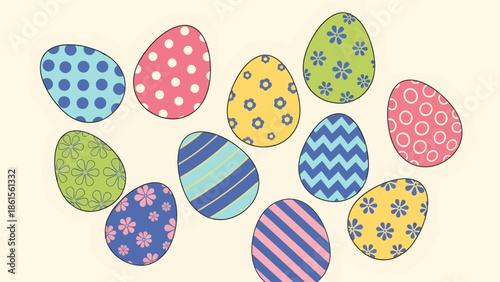 Colorful Easter Eggs Decoration, Festive Holiday, Spring Celebration, Digital Illustration, Cheerful Environment, Top View, Seasonal Joy