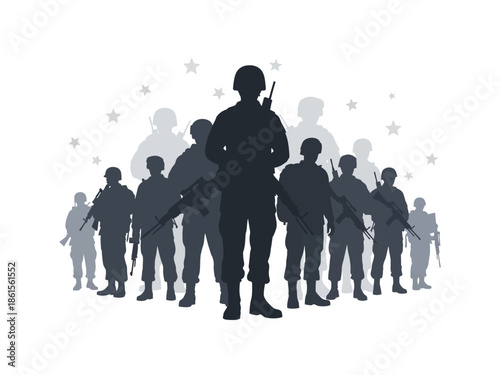 Silhouette of a group of soldiers ready for duty, a strong representation of military personnel