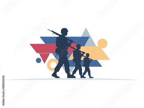 Silhouette of Soldiers Marching Towards an Abstract Geometric Background