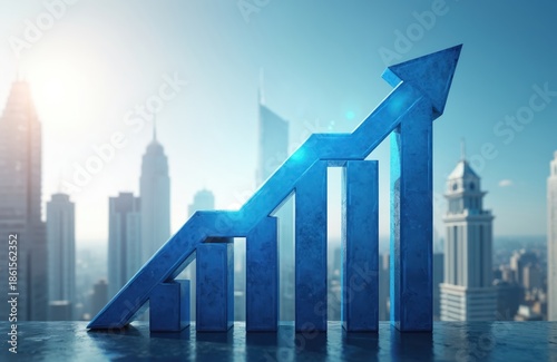 Blue 3D bar chart with upward arrow graph on reflective surface. Cityscape skyline with skyscrapers background. Business growth concept, financial success and economic progress. © miss irine