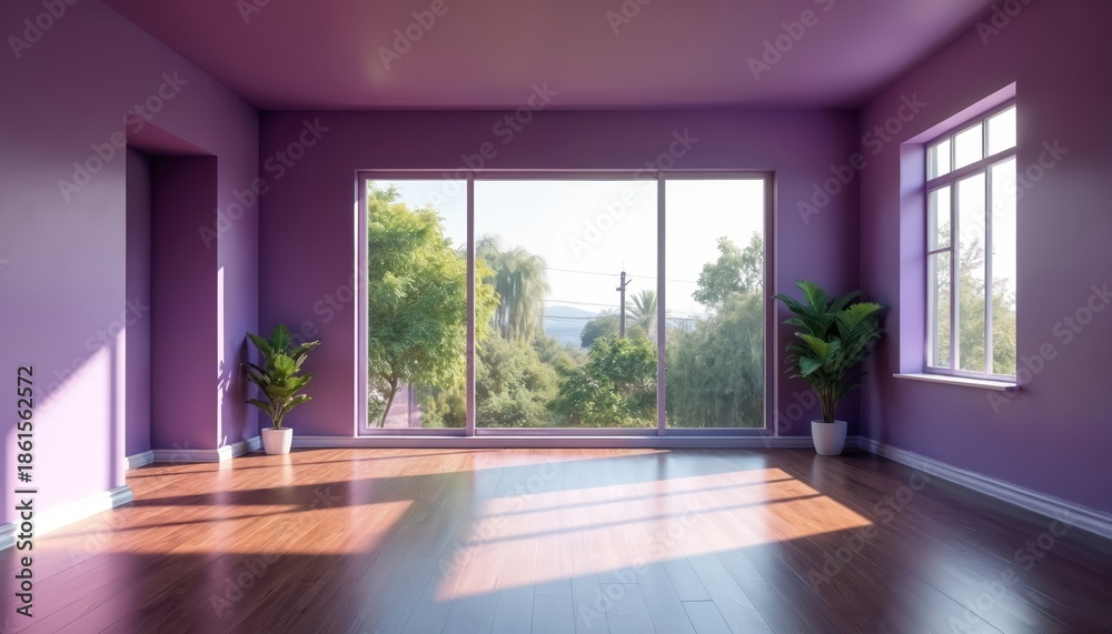 Fototapeta premium Empty modern room with purple walls and large windows viewing rich plants. Sunlight streams across shiny wooden floorboards. Plant in pot adds touch of nature. Ideal for interior design concepts.
