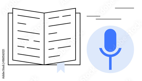 Audiobooks, e-learning, storytelling, communication, education, and content creation. Open book and microphone icon. Audiobooks and e-learning through visual design