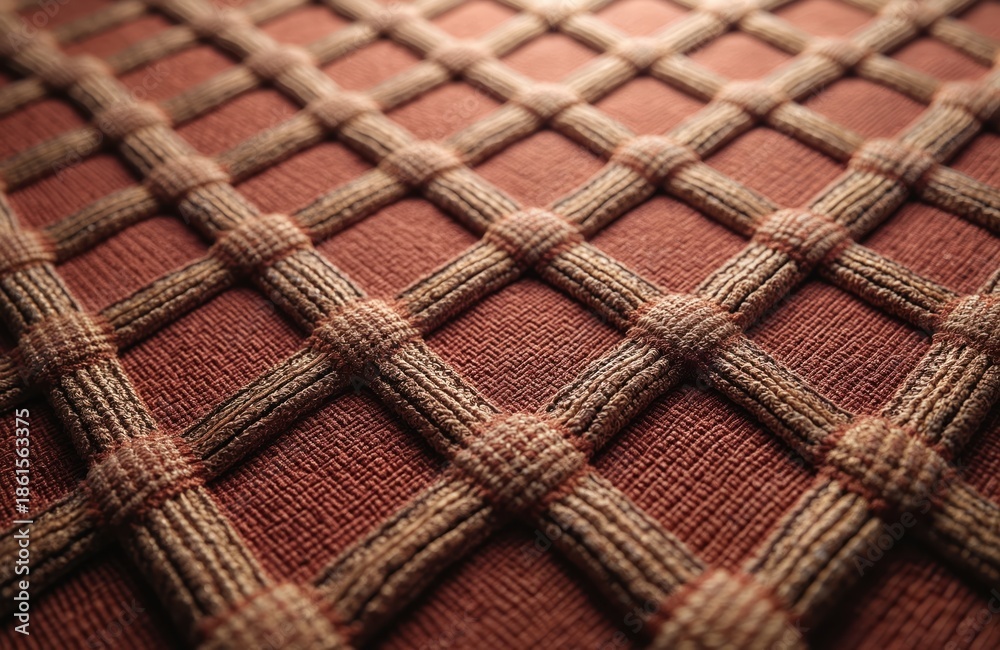 Fototapeta premium Close up of woven fabric surface with geometric grid pattern. Textured material shows braided threads intersecting at right angles, creating square openings. Rich red base cloth with rustic brown