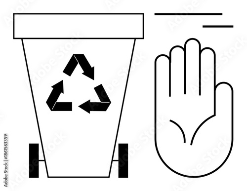 Environmental awareness, waste management, sustainability, pollution control, eco-friendly practices, recycling initiatives. A bin with a recycling symbol and a hand signaling stop. Environmental