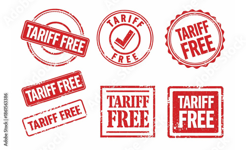 Set of Tariff Free rubber stamps in red very distressed and worn on white background