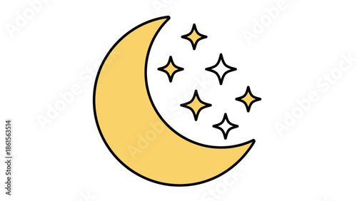Stylized crescent moon with sparkling stars illustration.