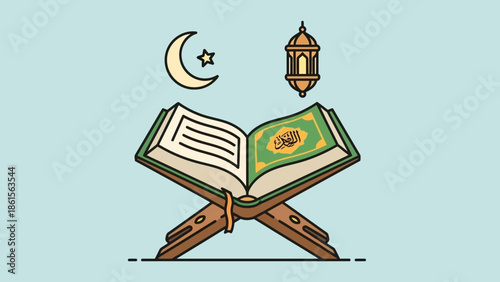 Holy Quran on a wooden rehal with crescent moon and lantern.