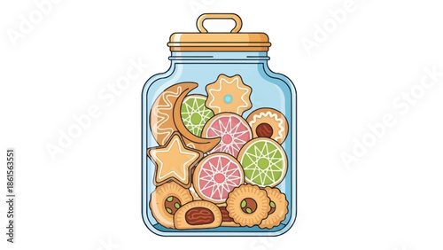 Assorted colorful cookies and biscuits in a clear glass jar.