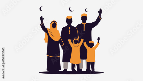 Muslim family silhouette celebrating Eid al-Fitr with children.
