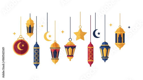 Ramadan Kareem lanterns and crescent moon decorations for Islamic holy month celebration.